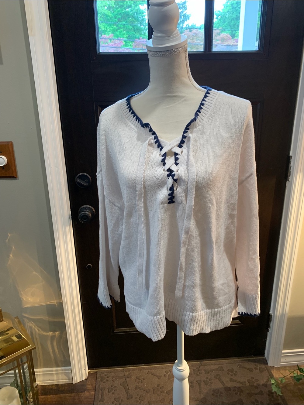 Lou & Grey White Sweater with Navy Trim